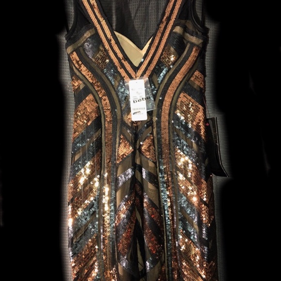 BEBE Deep Vback Bronze Platinum Gold Sequin Dress NWT - Picture 3 of 4
